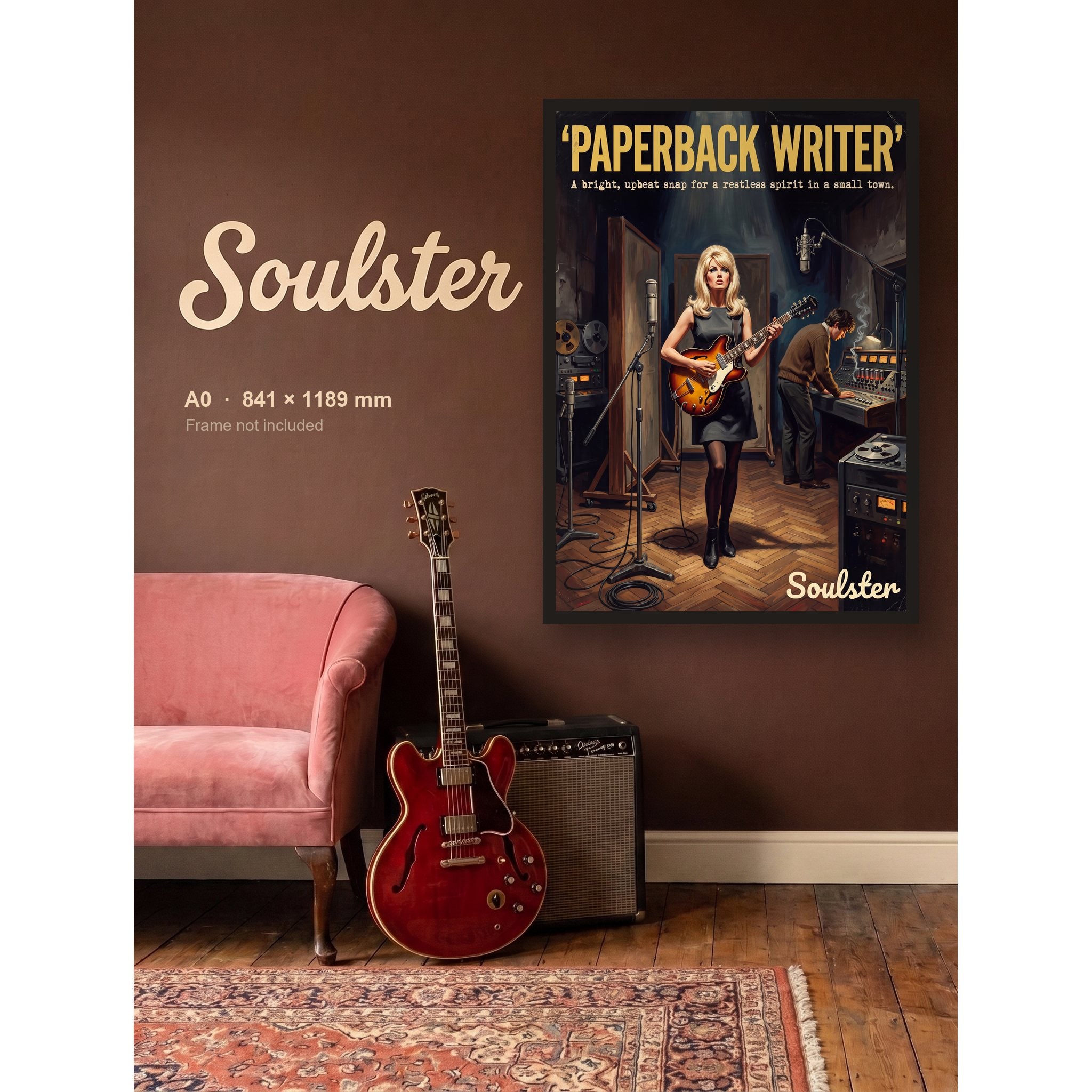 Paperback Writer - Studio Print shown framed on a wall in A0 size. Frame not included.