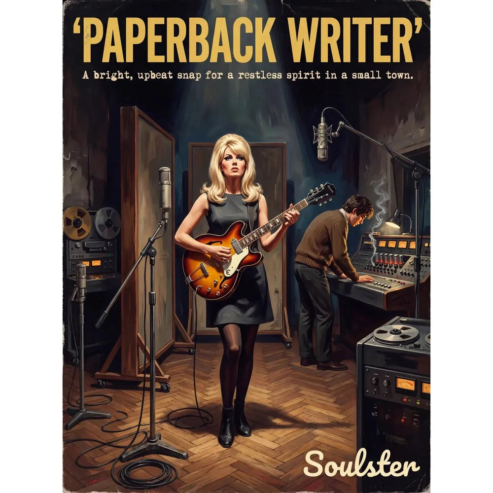 Premium Soulster studio wall art print featuring a mid-century vintage book cover aesthetic inspired by The Beatles - Paperback Writer.