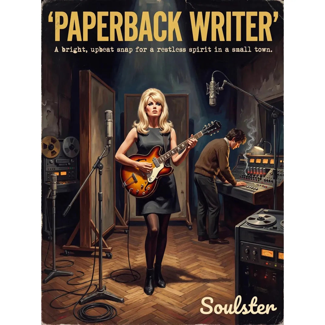 Premium Soulster studio wall art print featuring a mid-century vintage book cover aesthetic inspired by The Beatles - Paperback Writer.