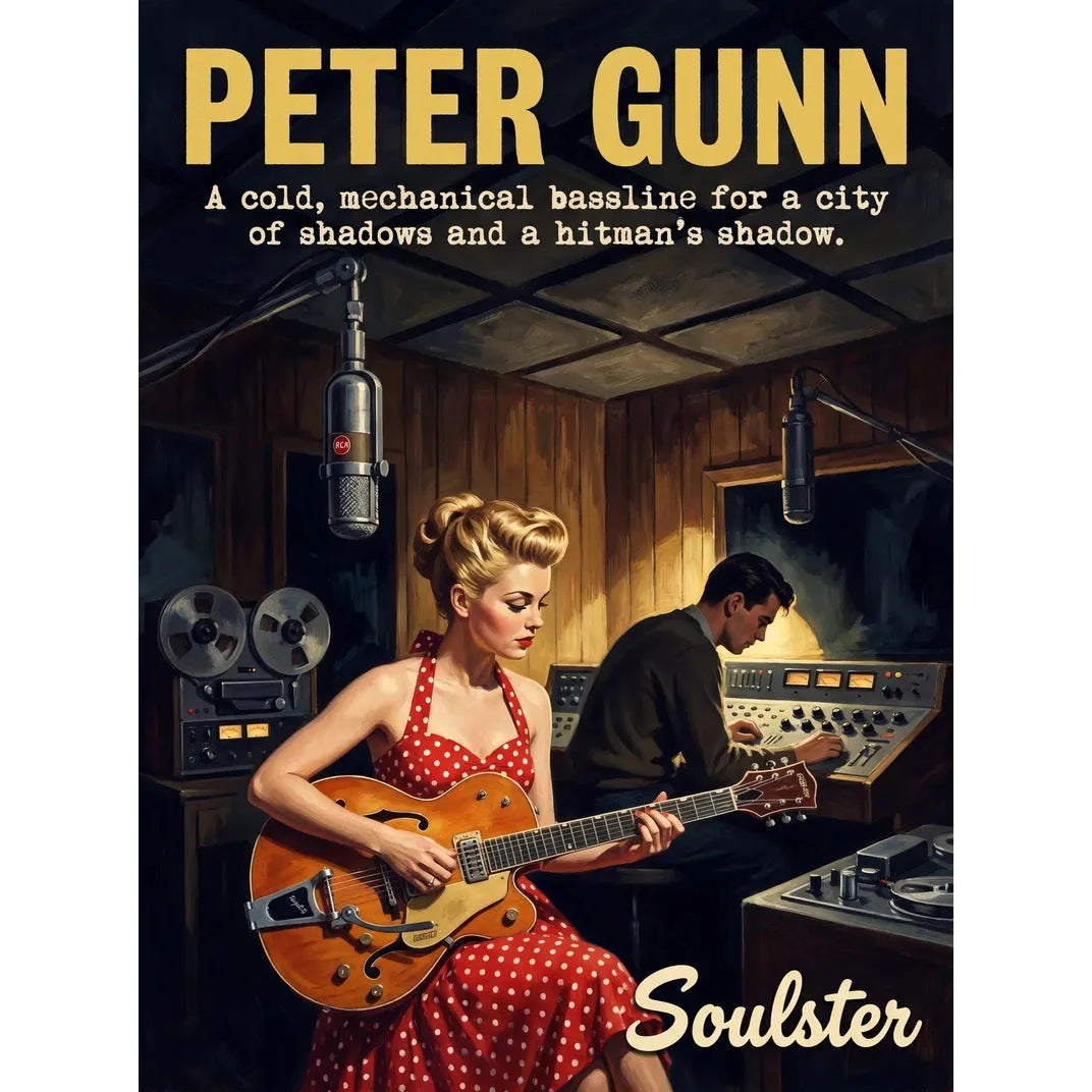 Premium Soulster studio wall art print featuring a mid-century vintage book cover aesthetic inspired by Alternative Indie - Peter Gunn.