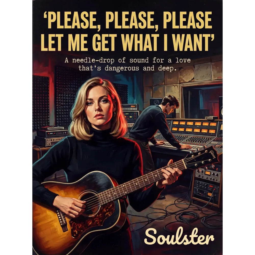 Premium Soulster studio wall art print featuring a mid-century vintage book cover aesthetic inspired by The Smiths - Please, Please, Please Let Me Get What I Want.