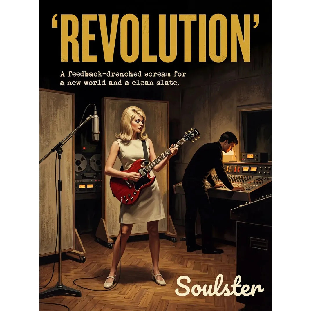 Premium Soulster studio wall art print featuring a mid-century vintage book cover aesthetic inspired by The Beatles - Revolution.