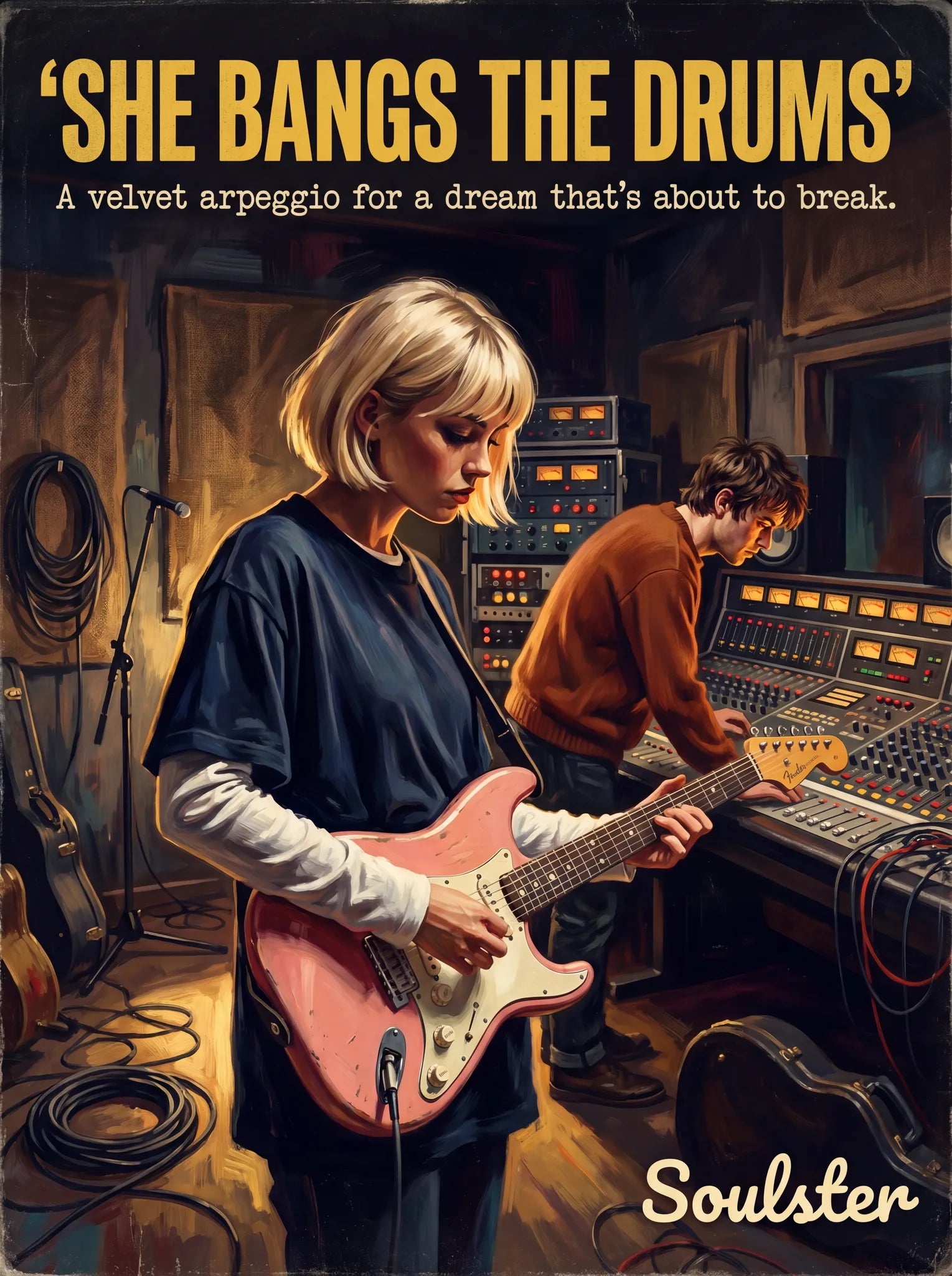 Premium Soulster studio wall art print featuring a mid-century vintage book cover aesthetic inspired by The Stone Roses - She Bangs The Drums.