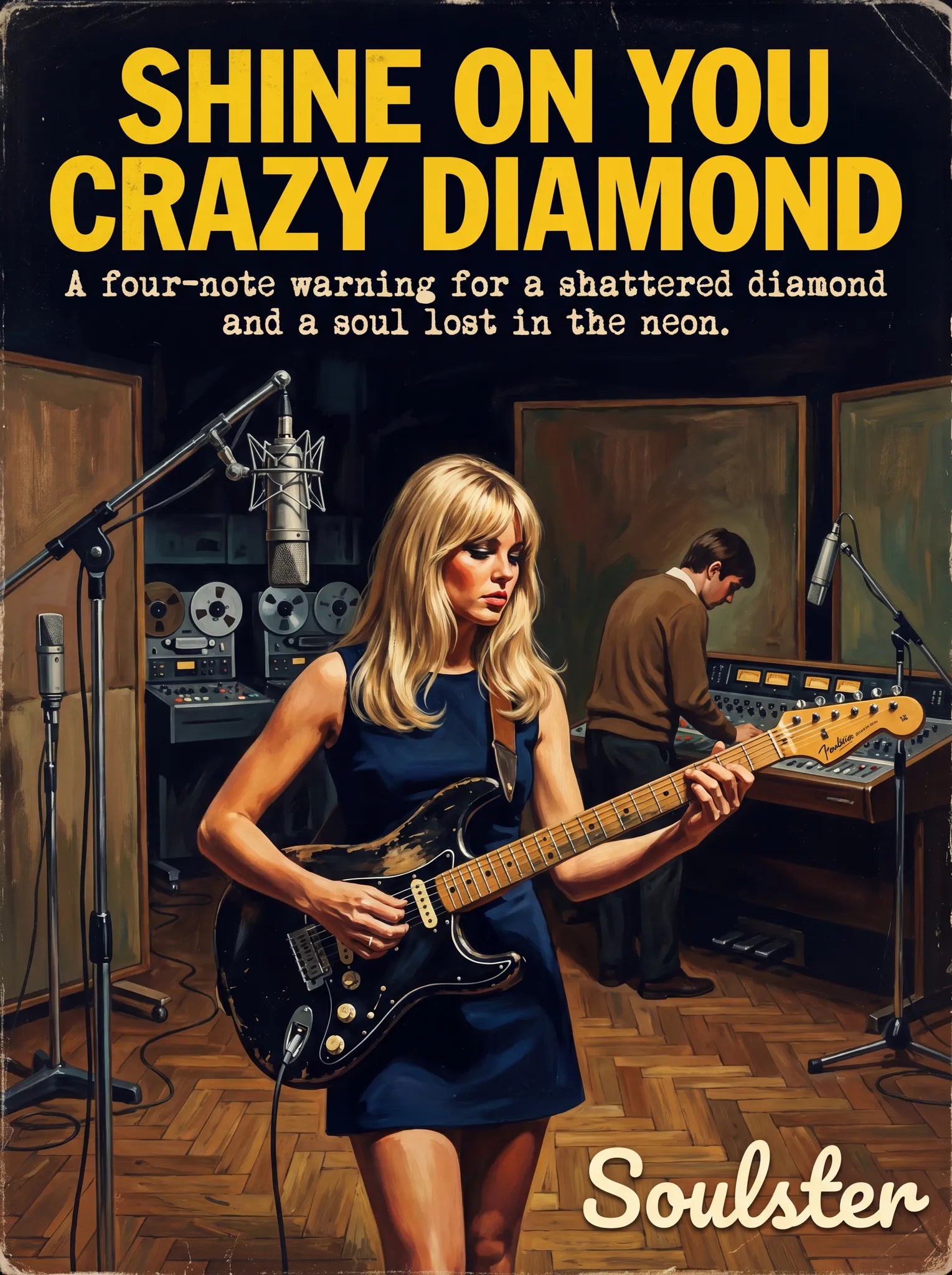 Premium Soulster studio wall art print featuring a mid-century vintage book cover aesthetic inspired by Pink Floyd - Shine On You Crazy Diamond.