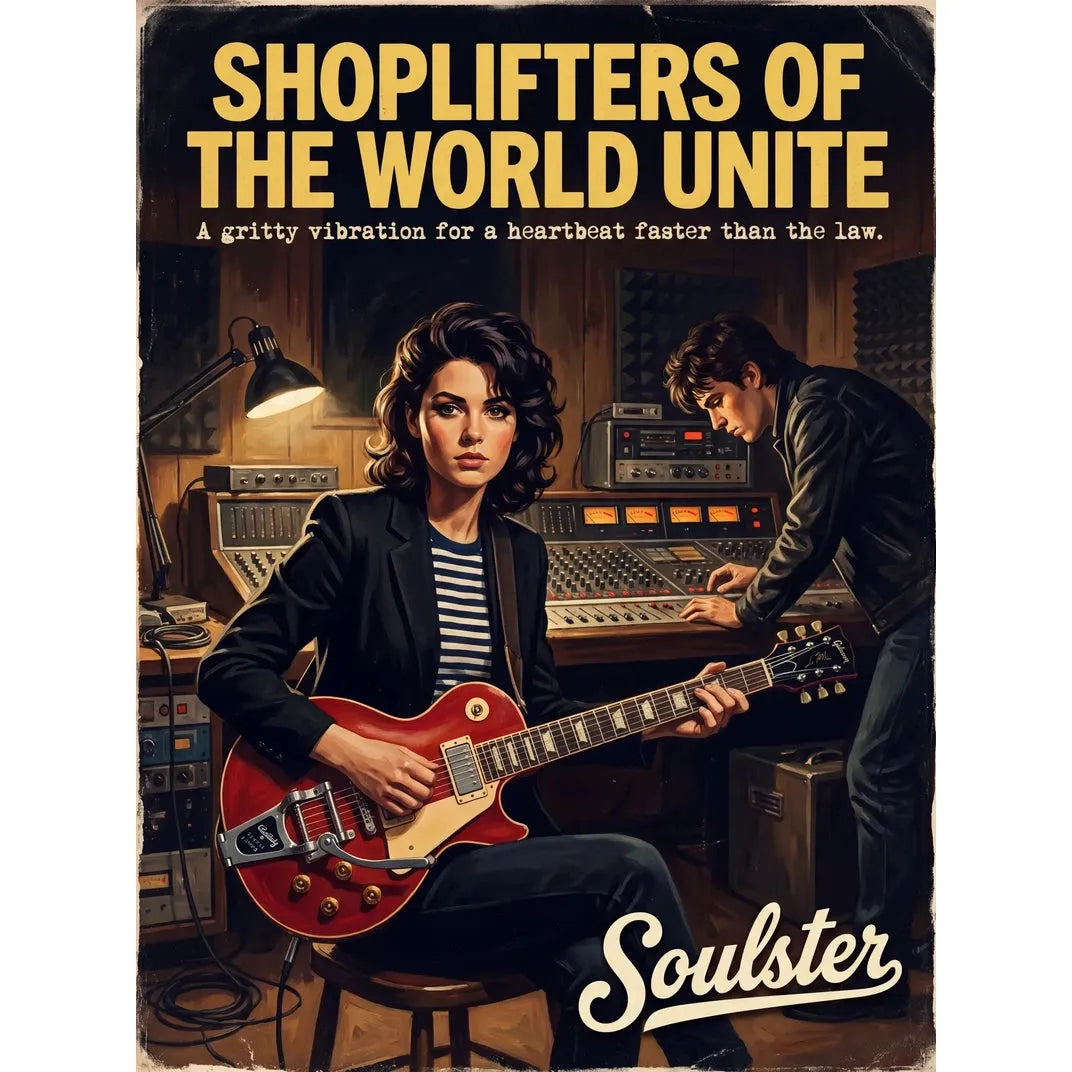 Premium Soulster studio wall art print featuring a mid-century vintage book cover aesthetic inspired by The Smiths - Shoplifters Of The World Unite.