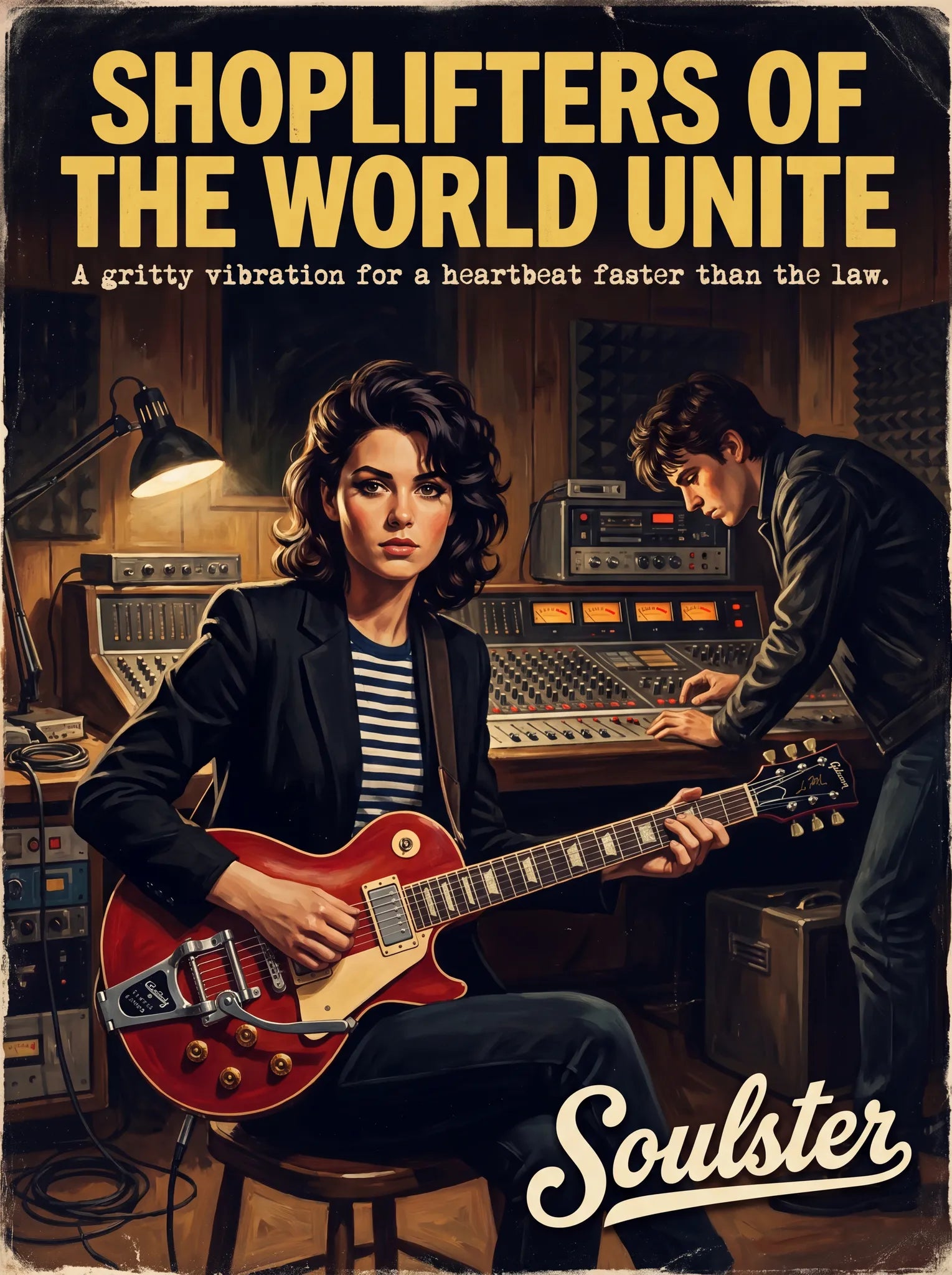 Premium Soulster studio wall art print featuring a mid-century vintage book cover aesthetic inspired by The Smiths - Shoplifters Of The World Unite.