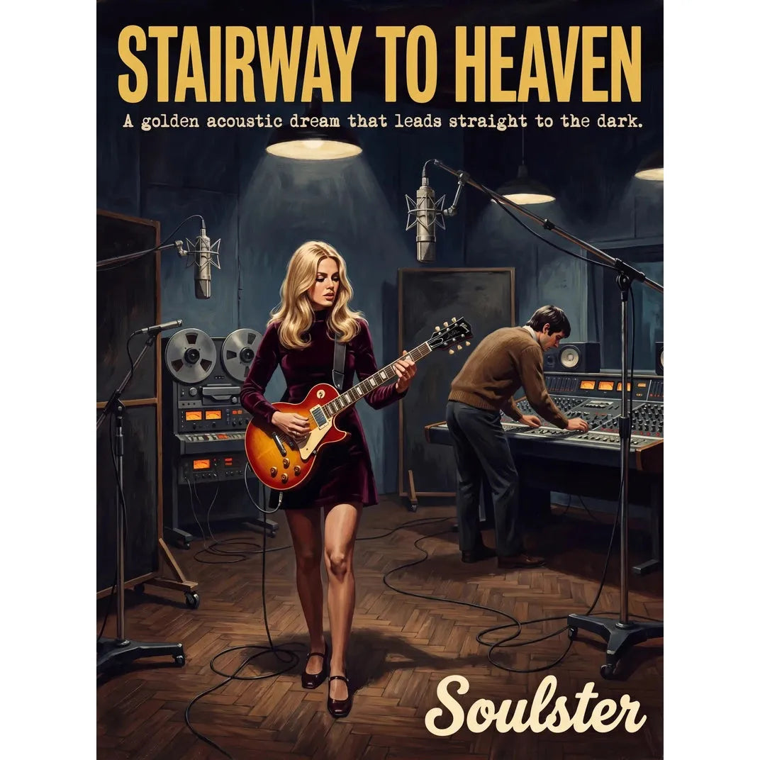 Premium Soulster studio wall art print featuring a mid-century vintage book cover aesthetic inspired by Led Zeppelin - Stairway To Heaven.