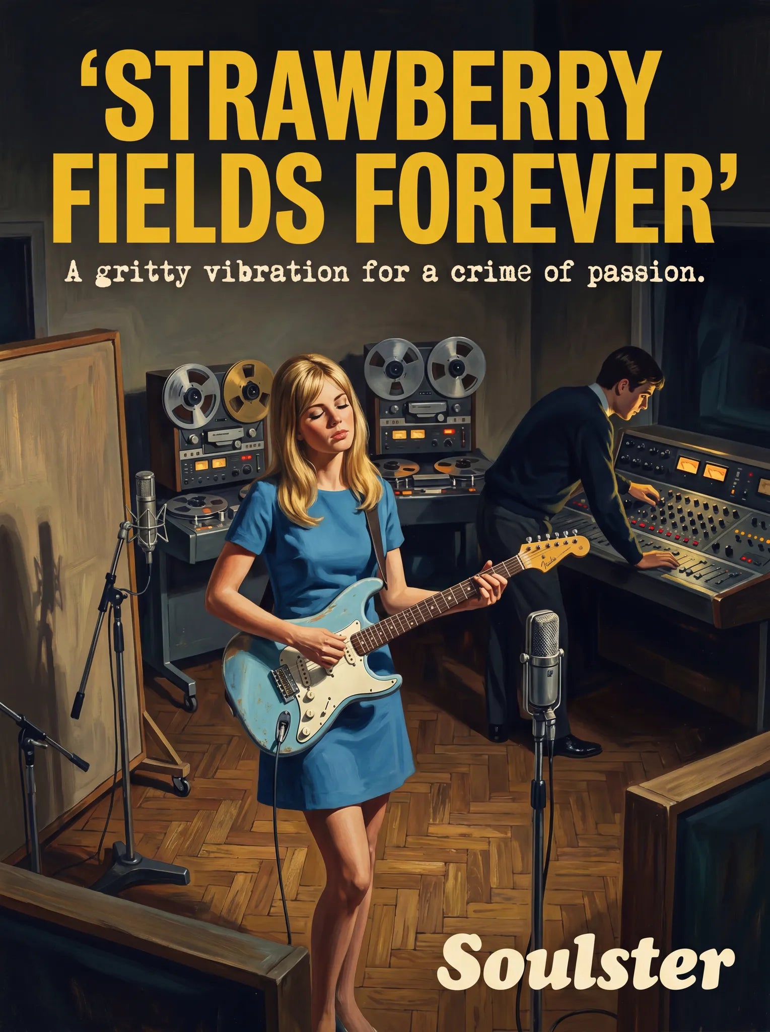 Premium Soulster studio wall art print featuring a mid-century vintage book cover aesthetic inspired by The Beatles - Strawberry Fields Forever.
