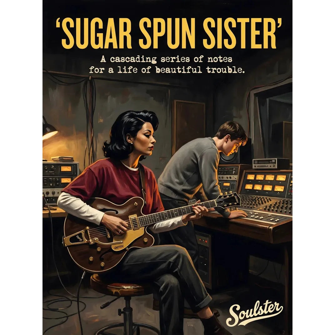 Premium Soulster studio wall art print featuring a mid-century vintage book cover aesthetic inspired by The Stone Roses - Sugar Spun Sister.