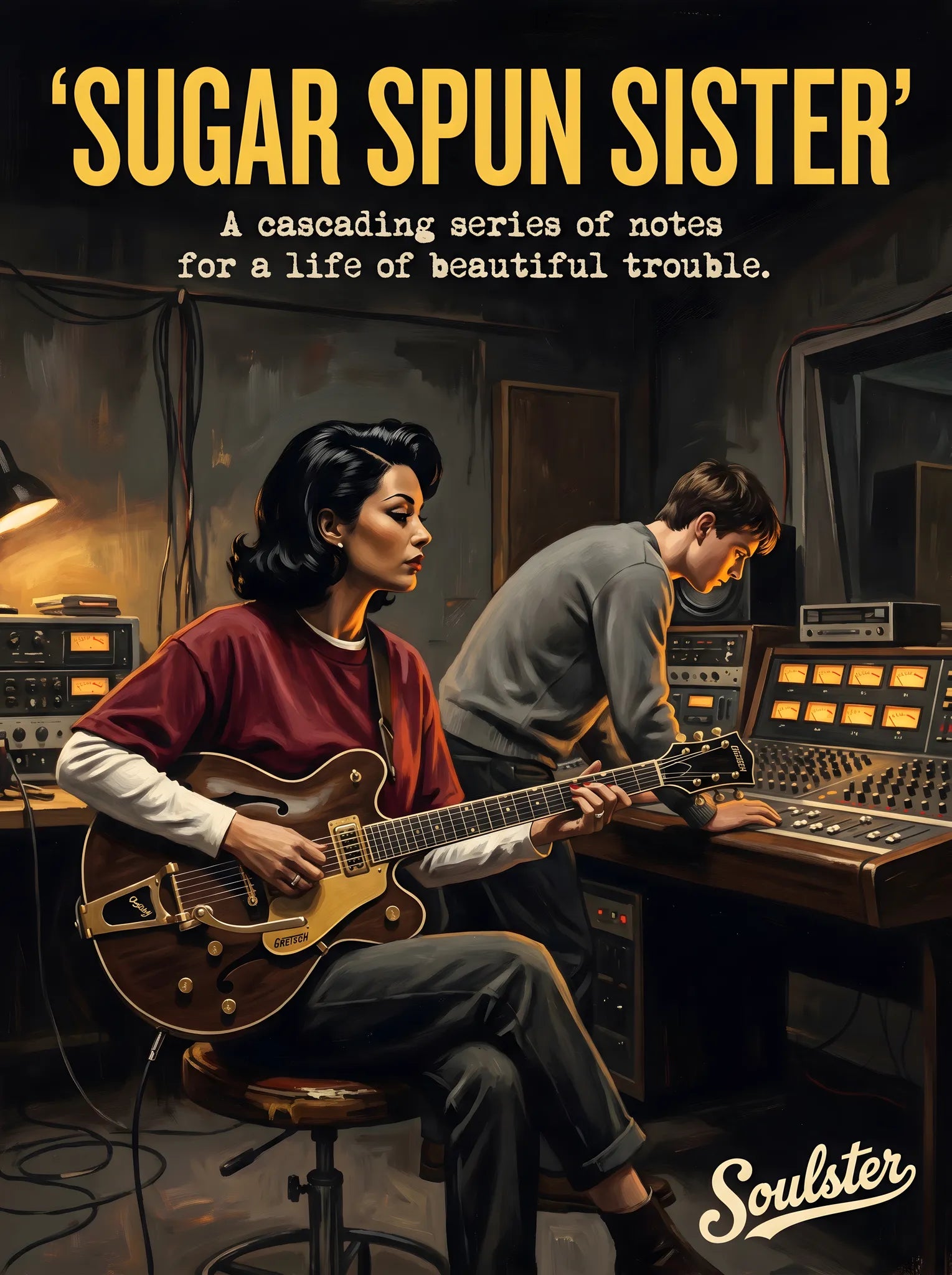 Premium Soulster studio wall art print featuring a mid-century vintage book cover aesthetic inspired by The Stone Roses - Sugar Spun Sister.