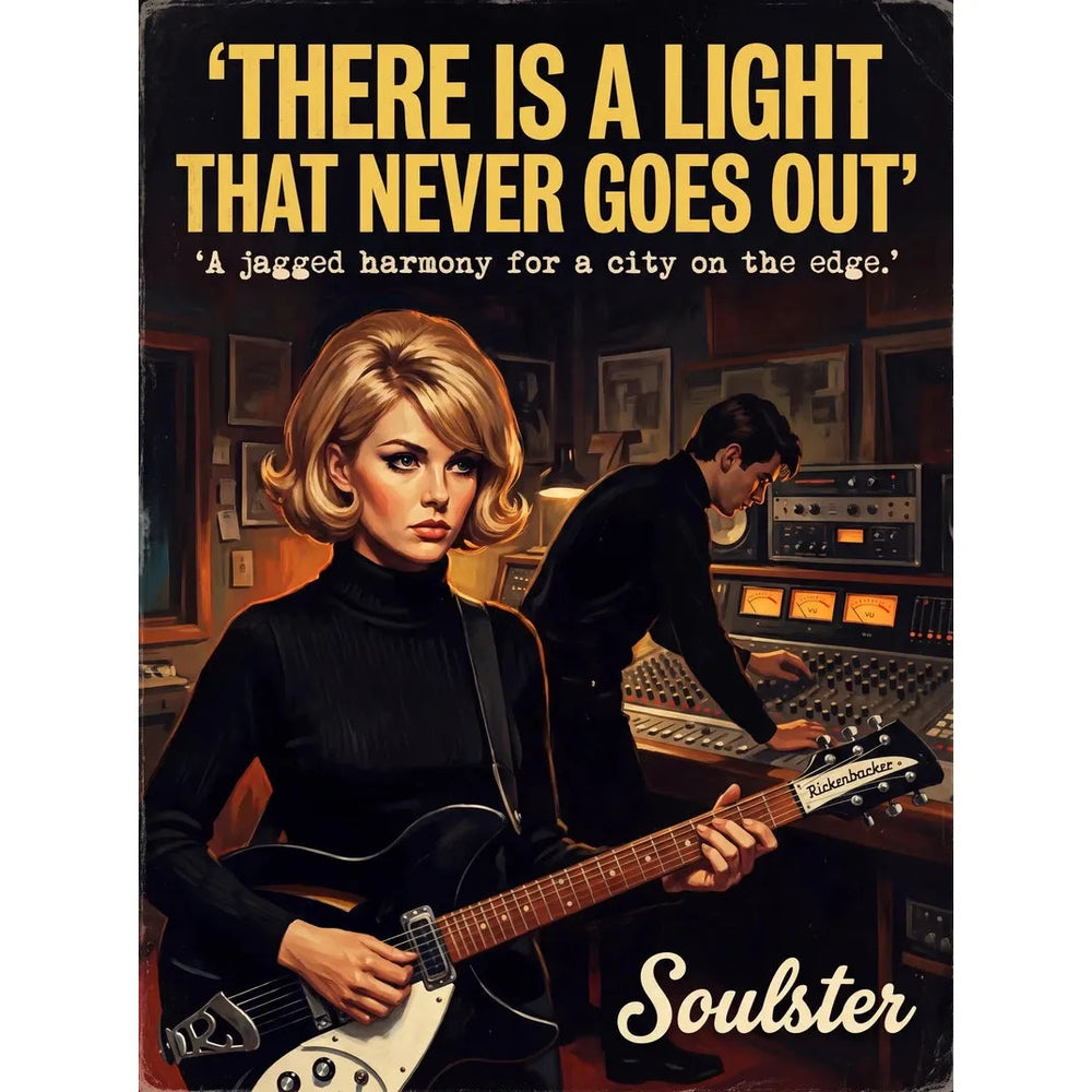 Premium Soulster studio wall art print featuring a mid-century vintage book cover aesthetic inspired by The Smiths - There Is A Light That Never Goes Out.