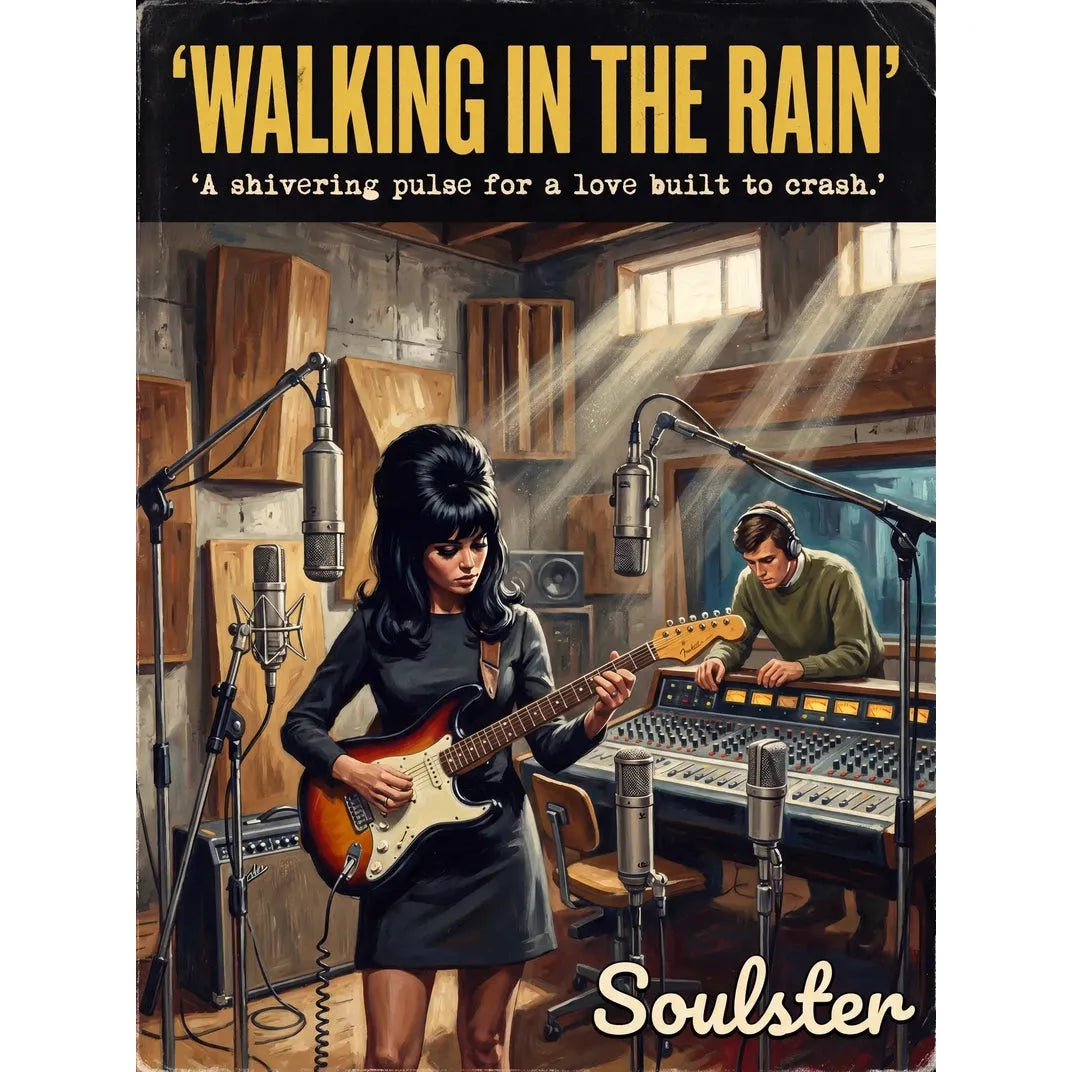 Premium Soulster studio wall art print featuring a mid-century vintage book cover aesthetic inspired by Alternative Indie - Walking In The Rain.