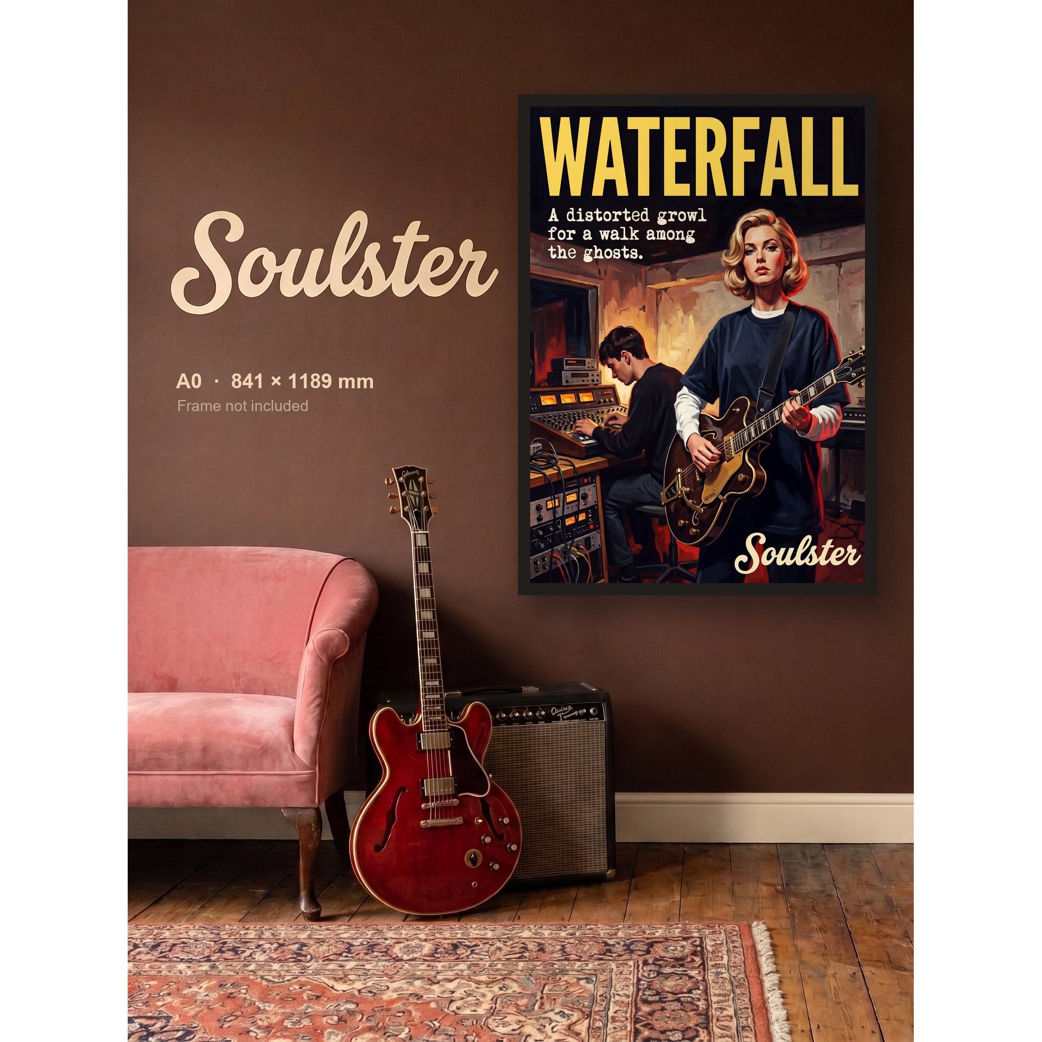 Waterfall - Studio Print shown framed on a wall in A0 size. Frame not included.