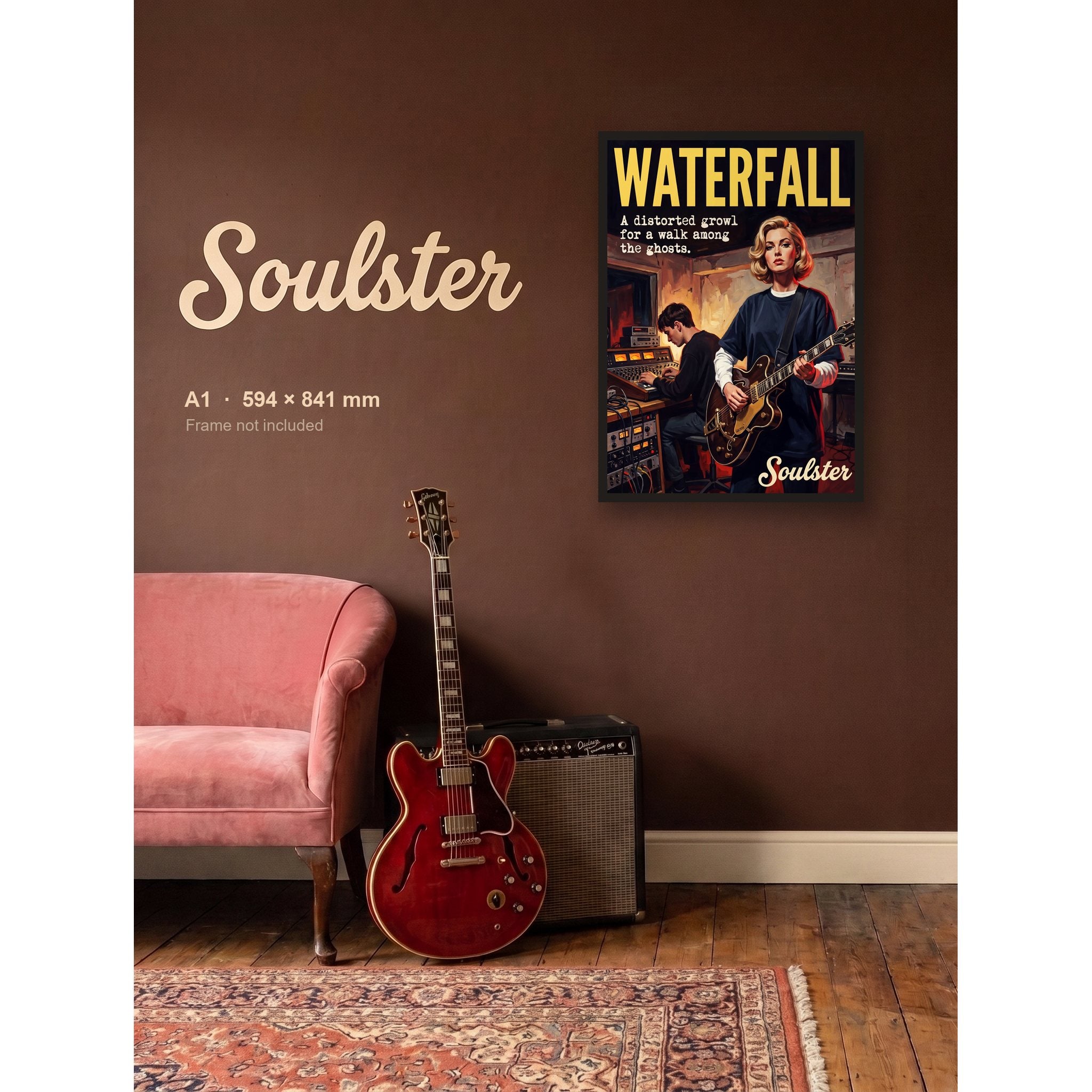 Waterfall - Studio Print shown framed on a wall in A1 size. Frame not included.