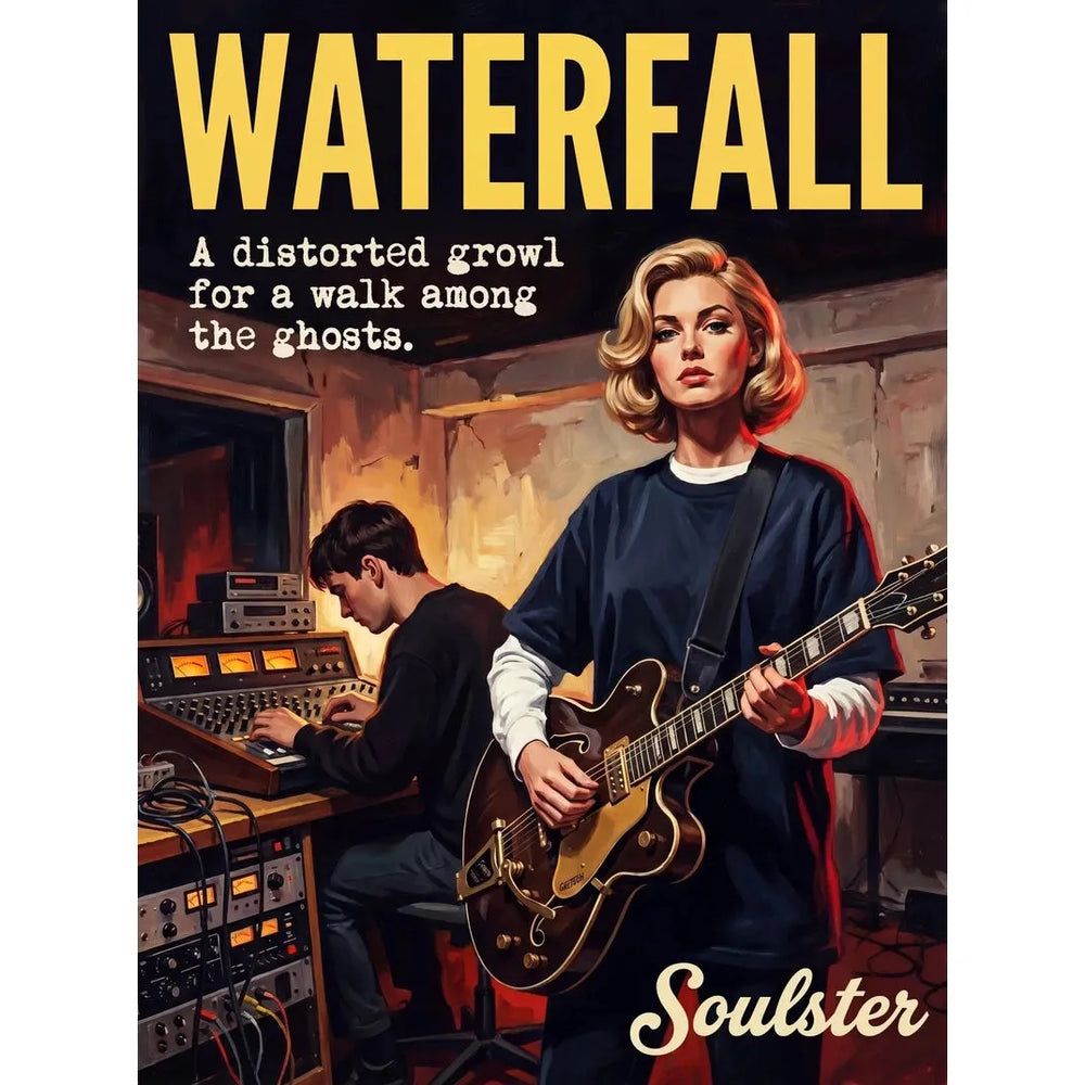 Premium Soulster studio wall art print featuring a mid-century vintage book cover aesthetic inspired by The Stone Roses - Waterfall.