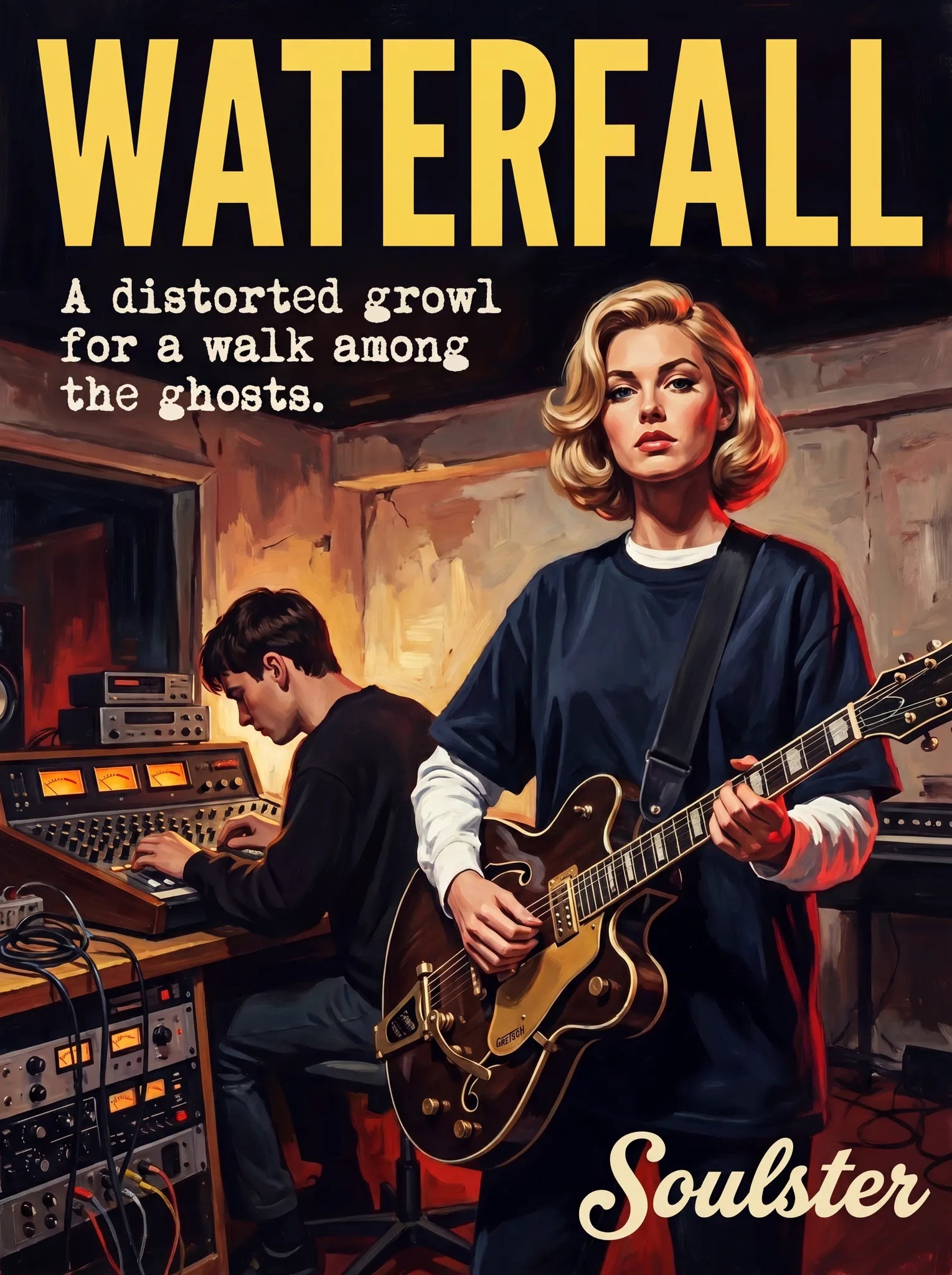 Premium Soulster studio wall art print featuring a mid-century vintage book cover aesthetic inspired by The Stone Roses - Waterfall.