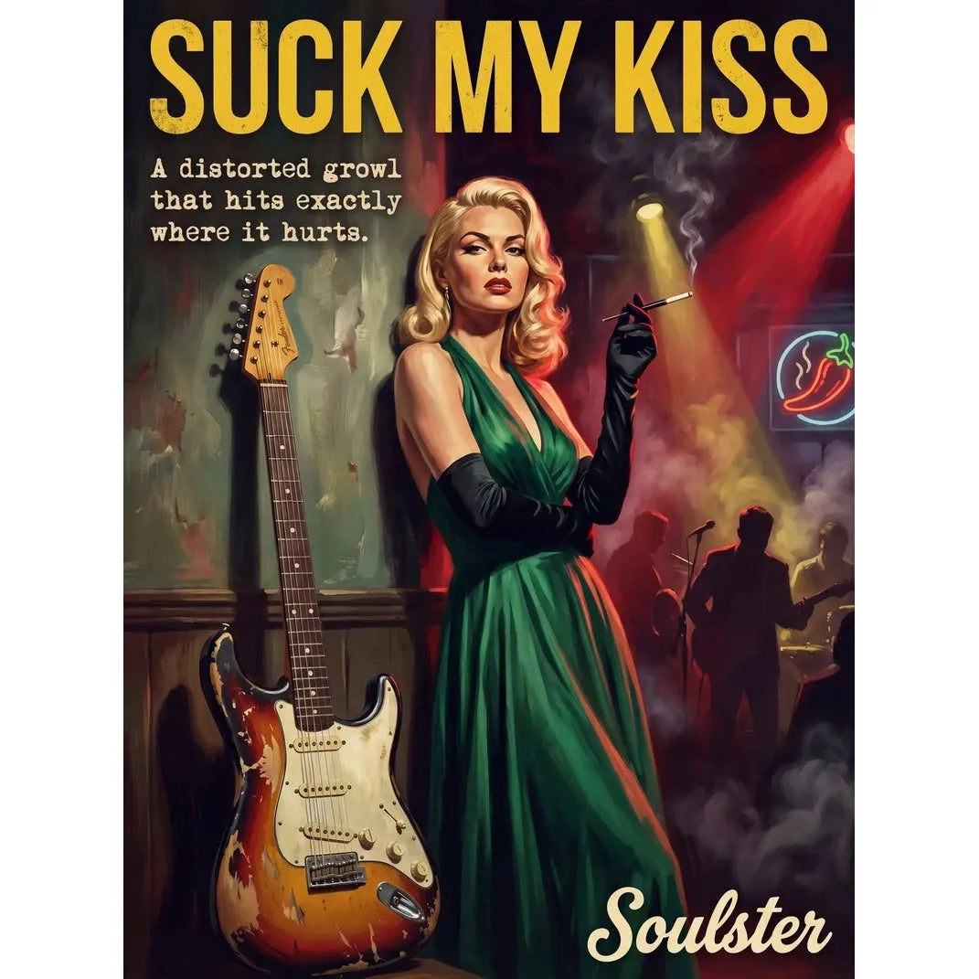 Soulster cinematic vintage pulp book cover art print illustration styled in a classic 1950s design layout inspired by Suck My Kiss.