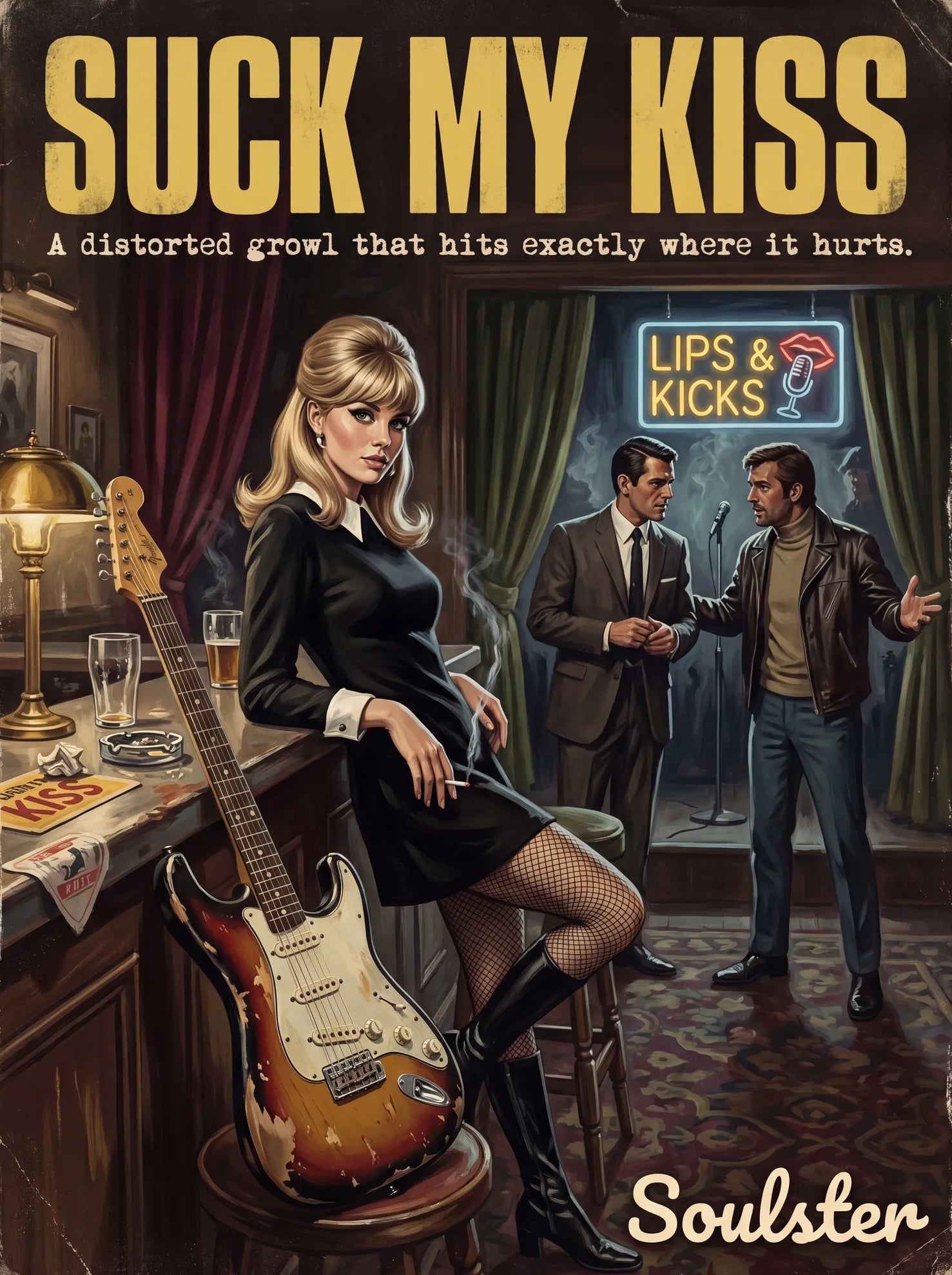Soulster cinematic vintage pulp book cover art print illustration styled in a classic 1960s design layout inspired by Suck My Kiss.