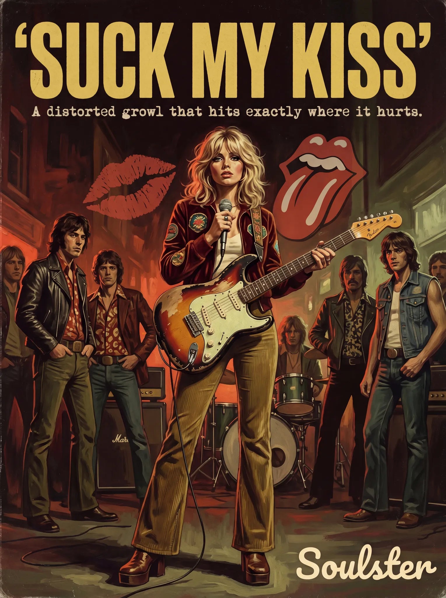 Soulster cinematic vintage pulp book cover art print illustration styled in a classic 1970s design layout inspired by Suck My Kiss.