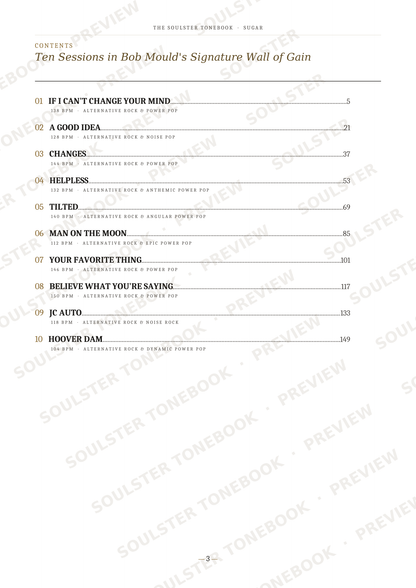 A printed table of contents page from a book titled 'Ten Sessions in Bob Mould's Signature Wall of Gain' with chapter and page numbers, overlaid with repeated 'SOULSTER TONEBOOK PREVIEW' watermarks.