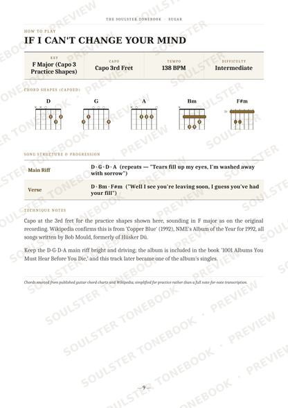 A printed guitar practice sheet titled 'IF I CAN'T CHANGE YOUR MIND' with chord diagrams, finger placement notes, and song text. The page is mostly white with black text and light beige header blocks.