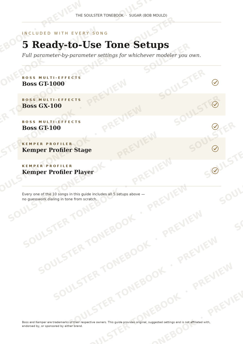 A digital preview page from Soulster Tonebook showing '5 Ready-to-Use Tone Setsups' with listed presets such as Boss Multi-Effects models and Kemper Profile settings, on a white page with gray text and light beige highlighted sections.
