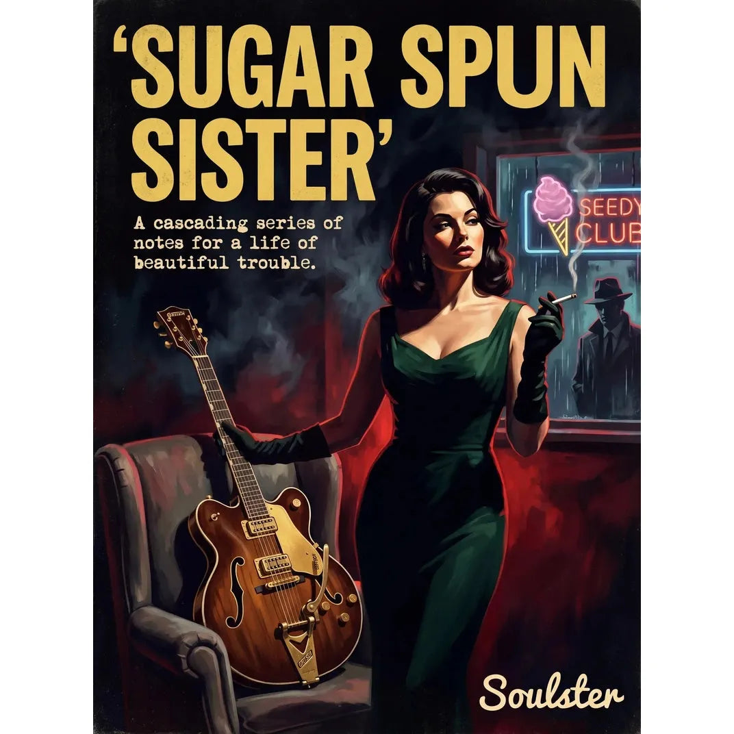 Soulster cinematic vintage pulp book cover art print illustration styled in a classic 1950s design layout inspired by Sugar Spun Sister.