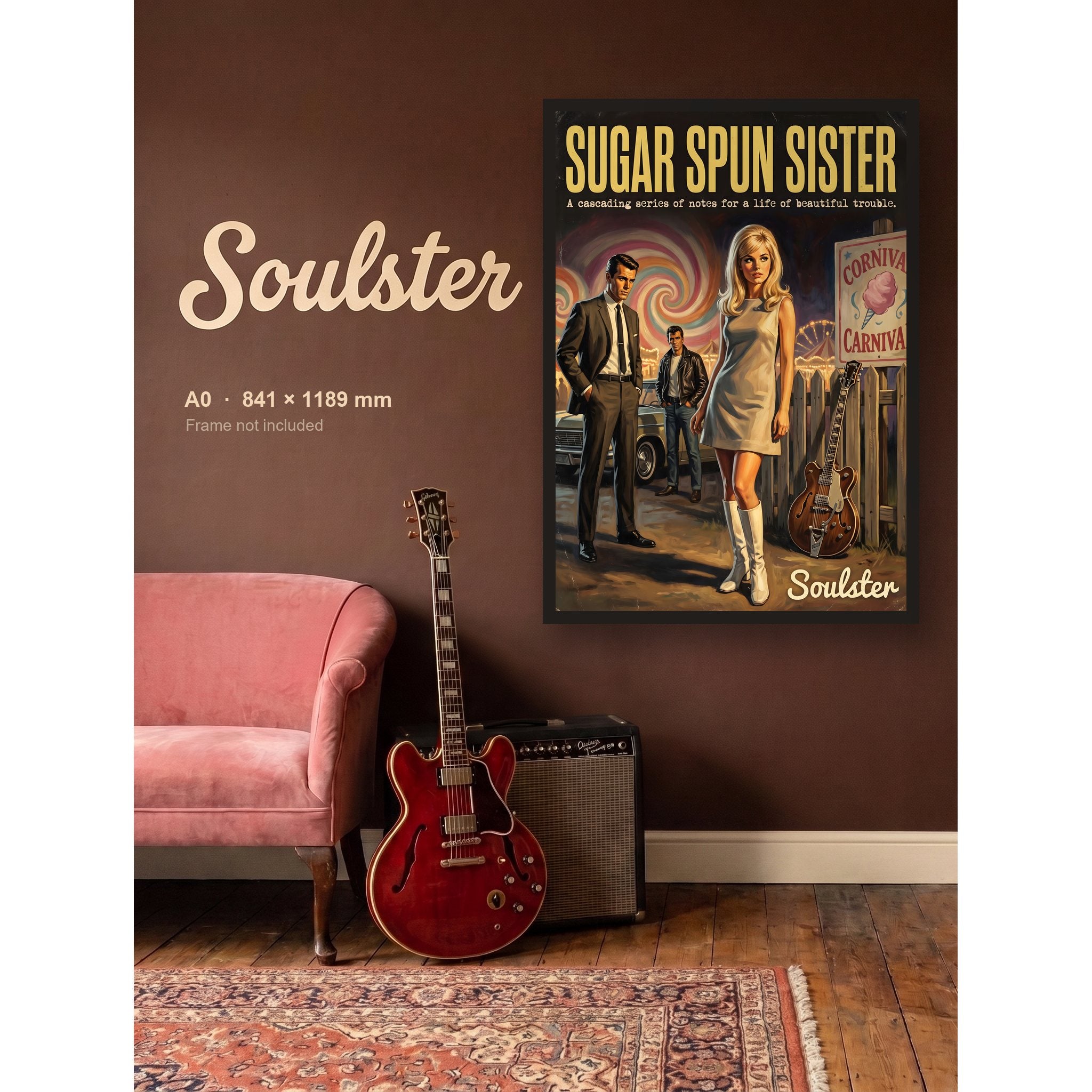 Sugar Spun Sister - 1960s Print shown framed on a wall in A0 size. Frame not included.