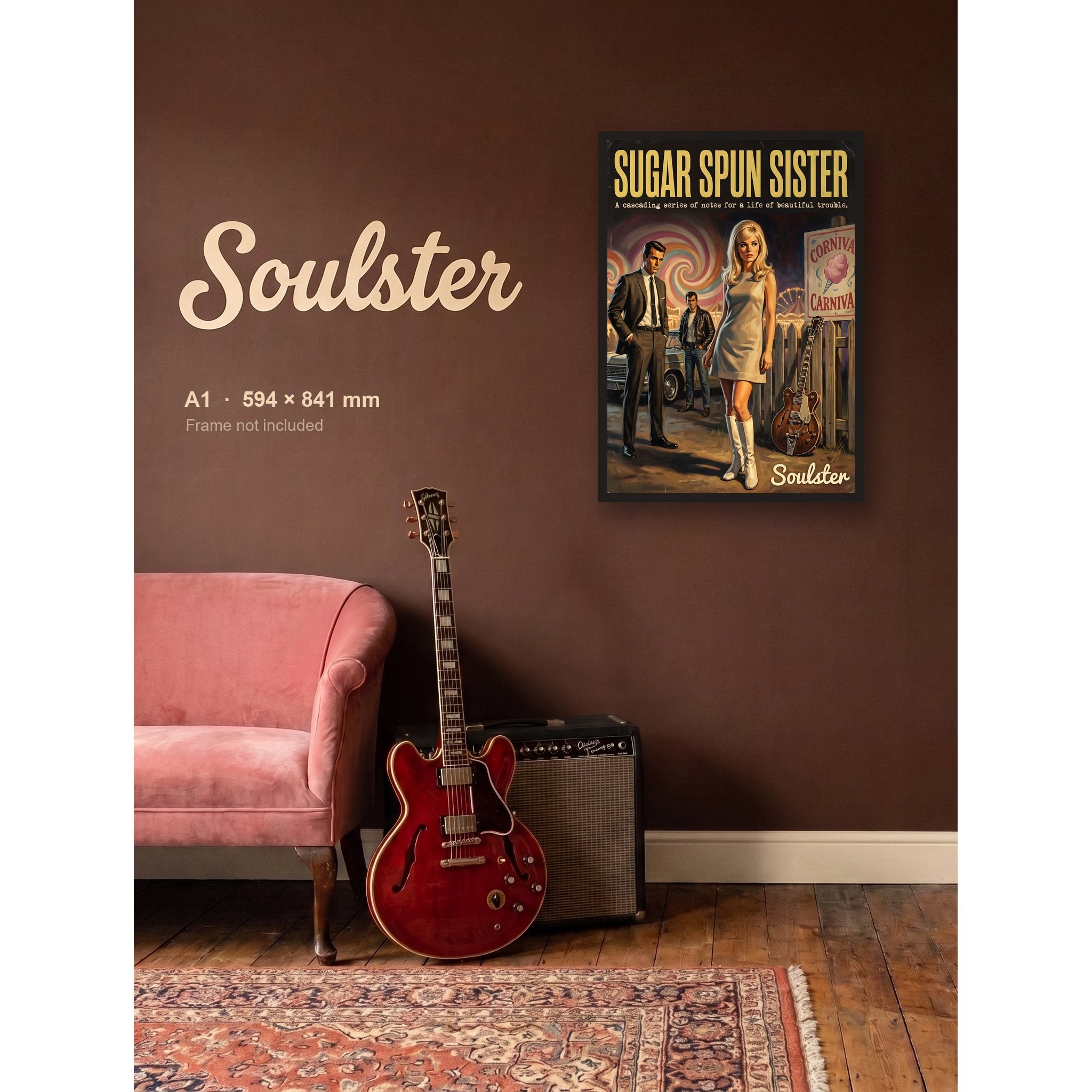 Sugar Spun Sister - 1960s Print shown framed on a wall in A1 size. Frame not included.