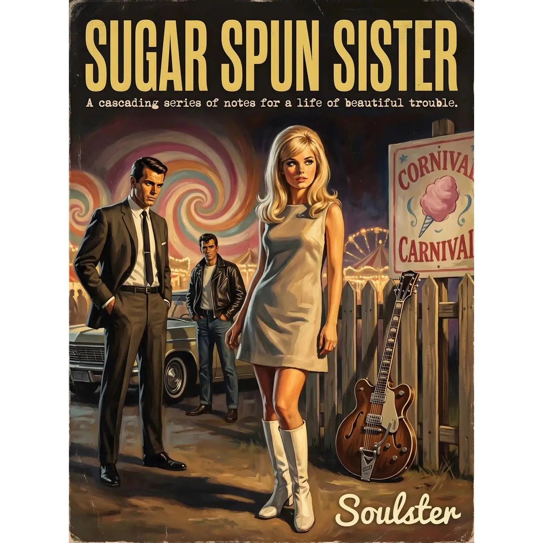 Soulster cinematic vintage pulp book cover art print illustration styled in a classic 1960s design layout inspired by Sugar Spun Sister.