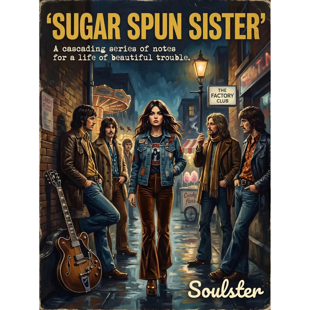 Soulster cinematic vintage pulp book cover art print illustration styled in a classic 1970s design layout inspired by Sugar Spun Sister.