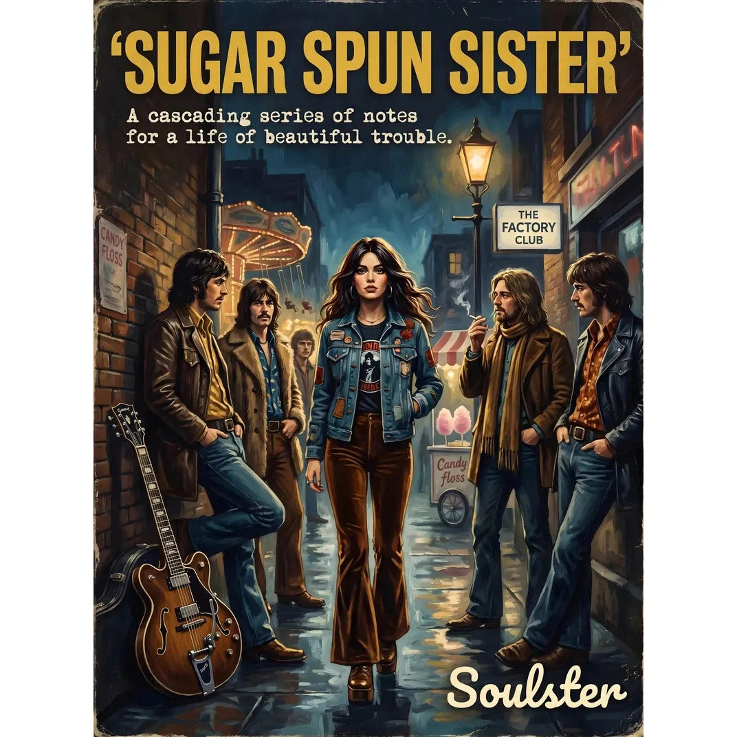 Soulster cinematic vintage pulp book cover art print illustration styled in a classic 1970s design layout inspired by Sugar Spun Sister.