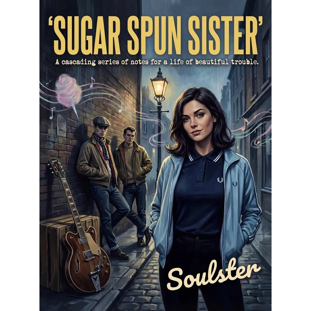 Soulster retro pulp thriller book cover style art print illustration inspired by The Stone Roses - Sugar Spun Sister.