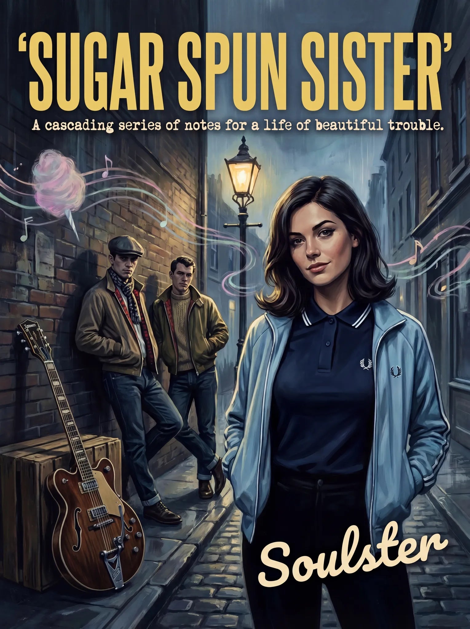 Soulster retro pulp thriller book cover style art print illustration inspired by The Stone Roses - Sugar Spun Sister.