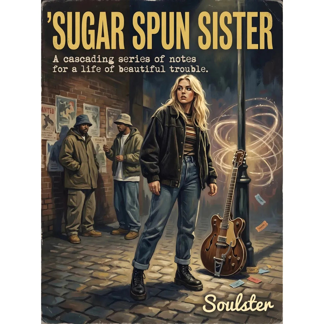 Soulster cinematic vintage pulp book cover art print illustration styled in a classic 1990s design layout inspired by Sugar Spun Sister.