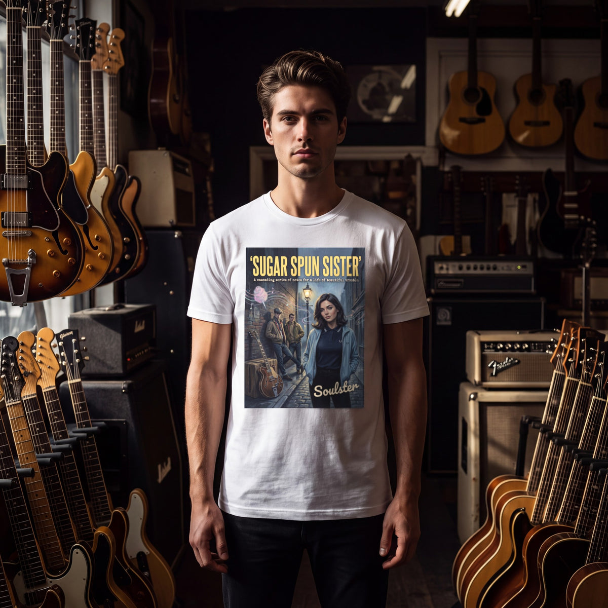 Man wearing the Sugar Spun Sister T-Shirt - Kitchen Sink Edition, front view in a vintage guitar shop.