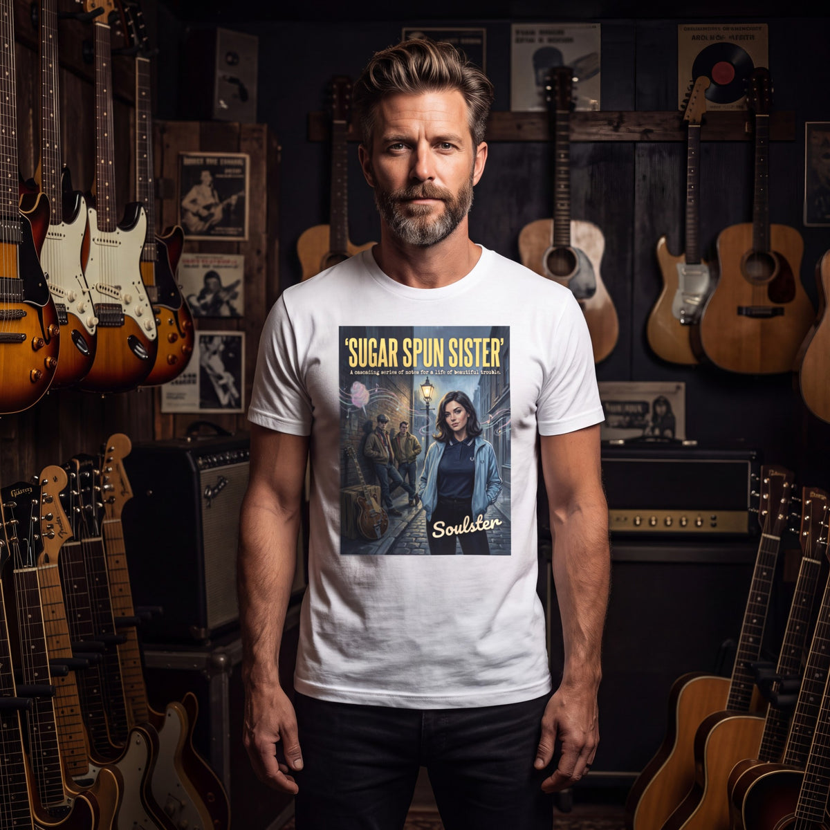 Man wearing the Sugar Spun Sister T-Shirt - Kitchen Sink Edition among vintage guitars and amplifiers.