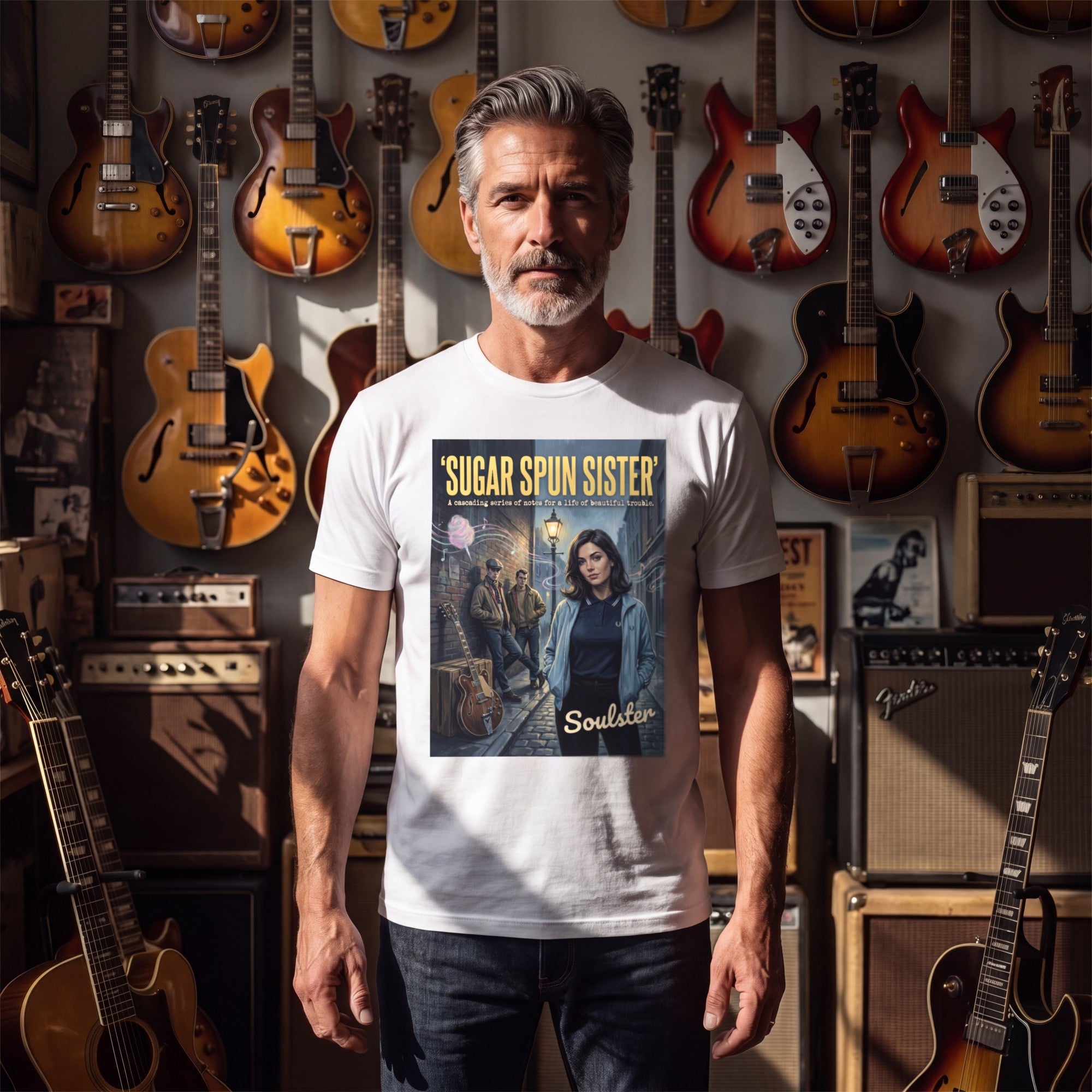 Man wearing the Sugar Spun Sister T-Shirt - Kitchen Sink Edition in a guitar shop in natural daylight.
