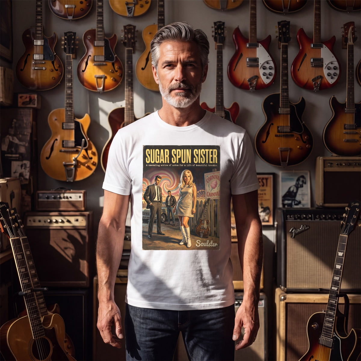 Man wearing the Sugar Spun Sister T-Shirt - Paperback Edition in a guitar shop in natural daylight.