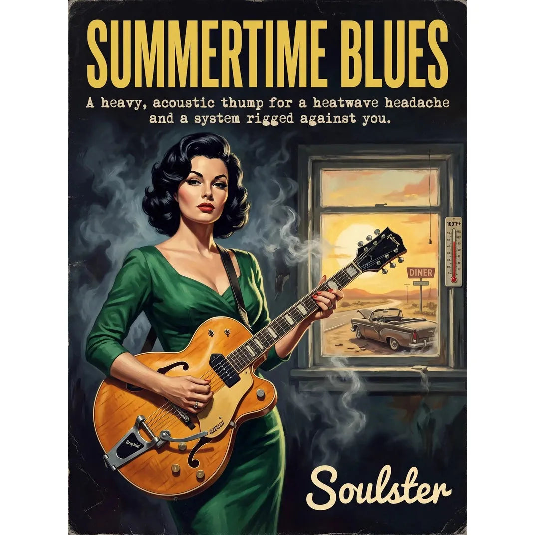Soulster cinematic vintage pulp book cover art print illustration styled in a classic 1950s theme inspired by Summertime Blues.