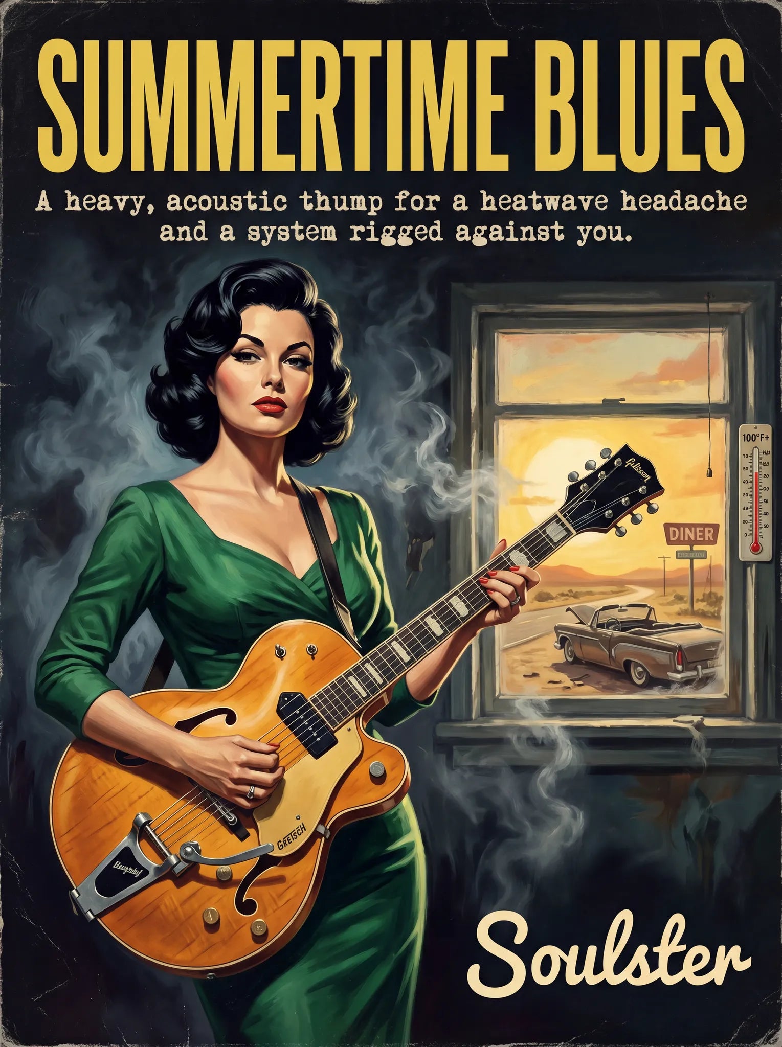 Soulster cinematic vintage pulp book cover art print illustration styled in a classic 1950s theme inspired by Summertime Blues.