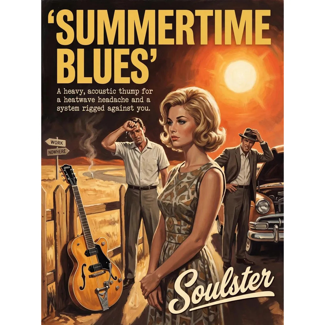 Soulster cinematic vintage pulp book cover art print illustration styled in a classic 1960s theme inspired by Summertime Blues.