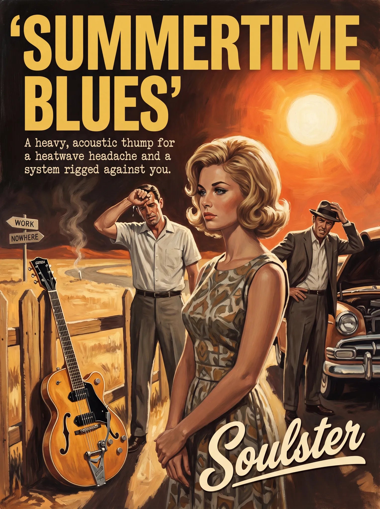 Soulster cinematic vintage pulp book cover art print illustration styled in a classic 1960s theme inspired by Summertime Blues.