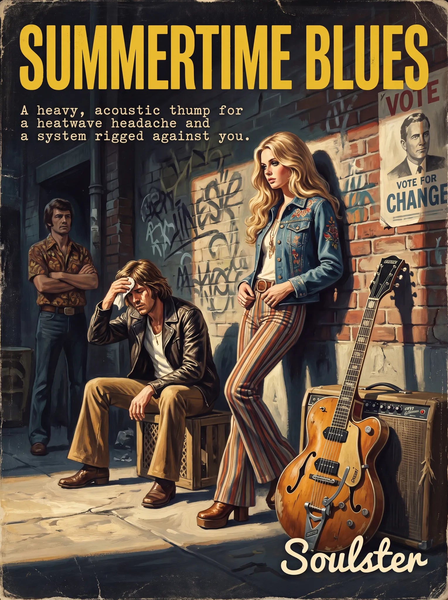 Soulster cinematic vintage pulp book cover art print illustration styled in a classic 1970s theme inspired by Summertime Blues.