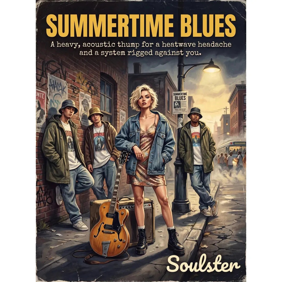 Soulster cinematic vintage pulp book cover art print illustration styled in a classic 1990s theme inspired by Summertime Blues.