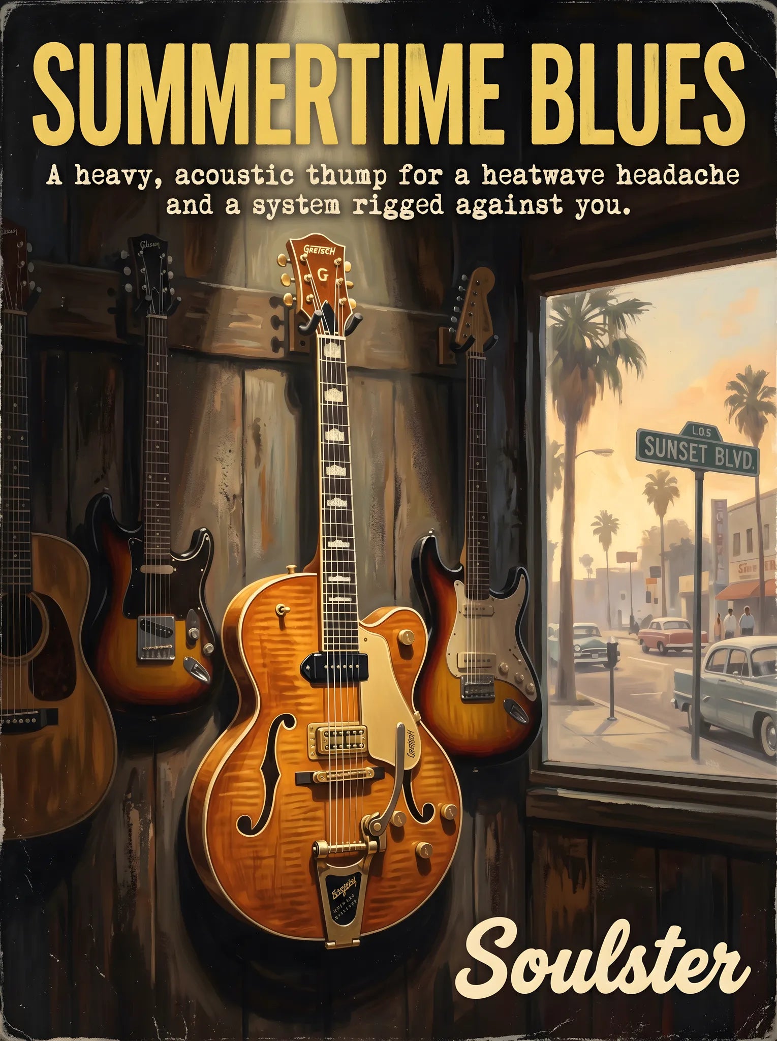 Soulster Manchester Edition wall art print showing a cinematic pulp style design of a Vintage Guitar inspired by Summertime Blues - Los Angeles.