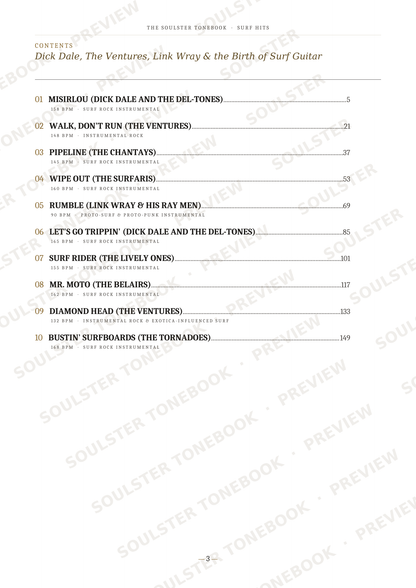 A printed table of contents page from a surf guitar book, titled 'The Melodier Tunesbook: Surf Ods', listing track titles, artists, page numbers, and song numbers on a white page with faint diagonal watermark text.