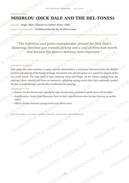 A printed page from a music book or article about Misirlou by Dick Dale and The Del-Tones, with title text at the top, several paragraphs of black text, and a faint diagonal watermark across the page.