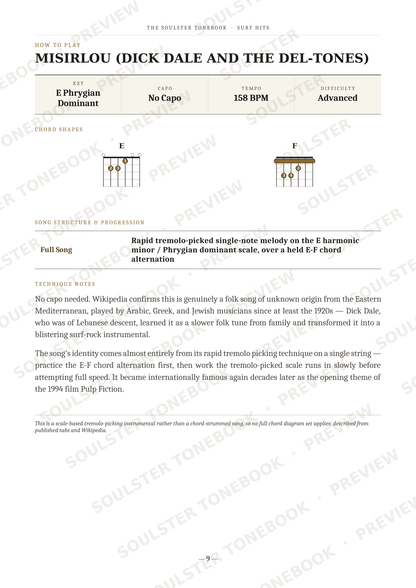 A printed or digital page titled 'MISIRLOU (DICK DALE AND THE DEL-TONES)' with music theory notes, chord charts, and small diagrams related to E major and E Phrygian dominant chords. The page is mostly white with black text and light beige header blocks.