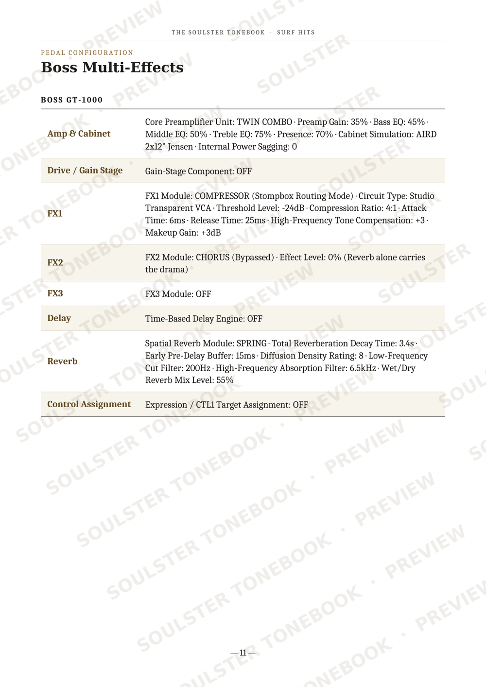A printed page from a music production software user manual titled 'BOSS Multi-Effects' with a table of configuration options such as Amp & Cabinet, Drive / Gain Stage, FX1, FX2, Delay, and Reverb, overlaid with diagonal 'SOULSTER TONEBOOKS PREVIEW' watermarks.